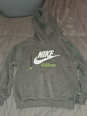 Nike Gray Hoodie with White Swoosh and Neon Green Accents